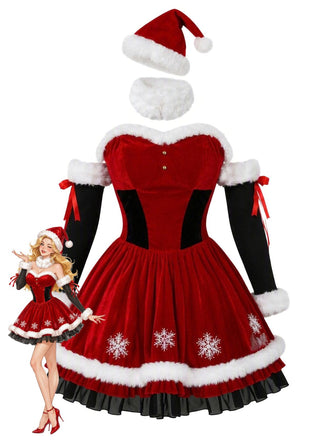 Ensemble robe de Noël rouge en velours à bordure en fourrure, flocons et nœud Années 1950 - 1