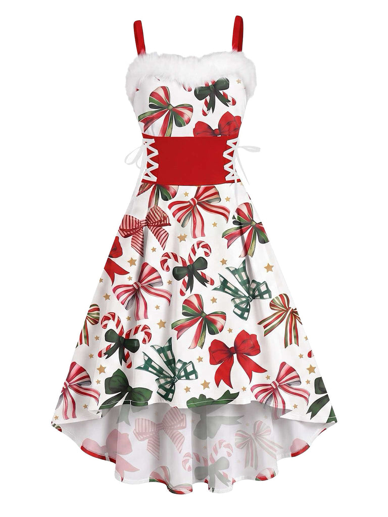 Robe à épaules dénudées, nœud et bordure en fourrure à imprimé de Noël Années 1950 - 4