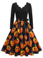 Robe évasée motif citrouilles d'Halloween et encolure pétales années 50