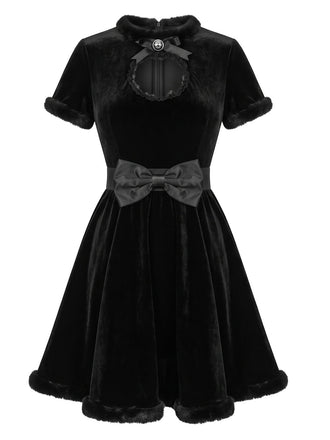 Ensemble robe noire en velours ajouré à nœud et motif chat pour Halloween Années 1980 - 2