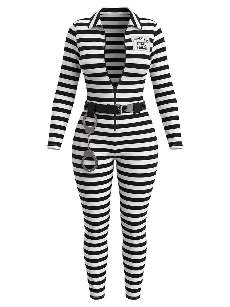 Ensemble combinaison rayée noire et blanche de prisonnier pour Halloween Années 1980 - 1