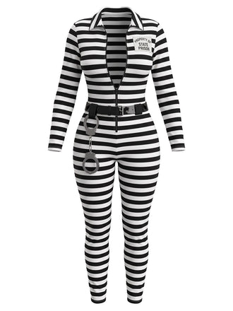 Ensemble combinaison rayée noire et blanche de prisonnier pour Halloween Années 1980 - 1