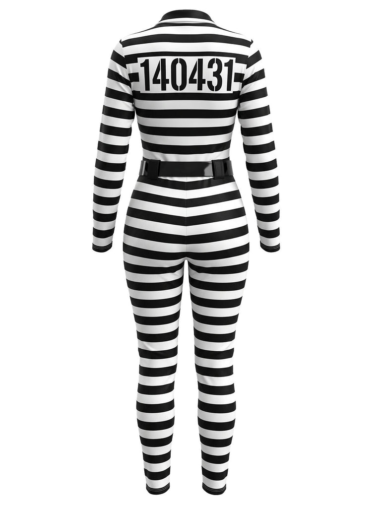 Ensemble combinaison rayée noire et blanche de prisonnier pour Halloween Années 1980 - 2