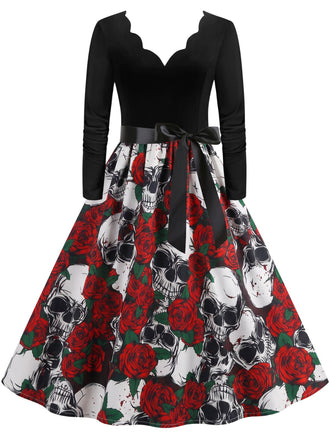 Robe à col rond, manches longues et imprimé Halloween Années 1940 - 1