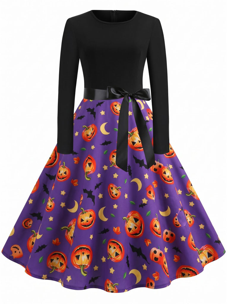 Robe d’Halloween à col rond, ceinture et imprimé citrouilles, étoiles et chauves-souris Années 1950 - 1