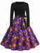 Robe d’Halloween à col rond, ceinture et imprimé citrouilles, étoiles et chauves-souris Années 1950 - 1