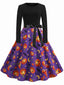 Robe ceinturée encolure ronde motif citrouille étoile et chauve-souris Halloween années 1950