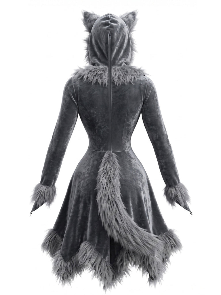 Robe noire de déguisement de loup en fausse fourrure à capuche pour Halloween Années 1980 - 2