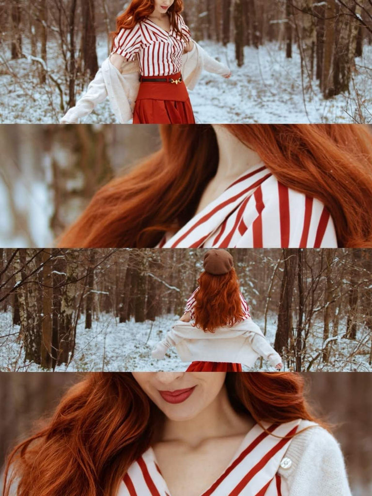 2PCS Chemisier rayé rouge orange des années 1950 et jupe plissée