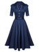 Robe à revers bleue unie à manches courtes des années 1940