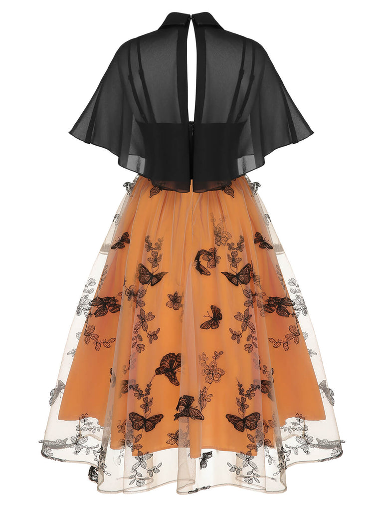 Robe cape en filet papillons noire et orange 1950s