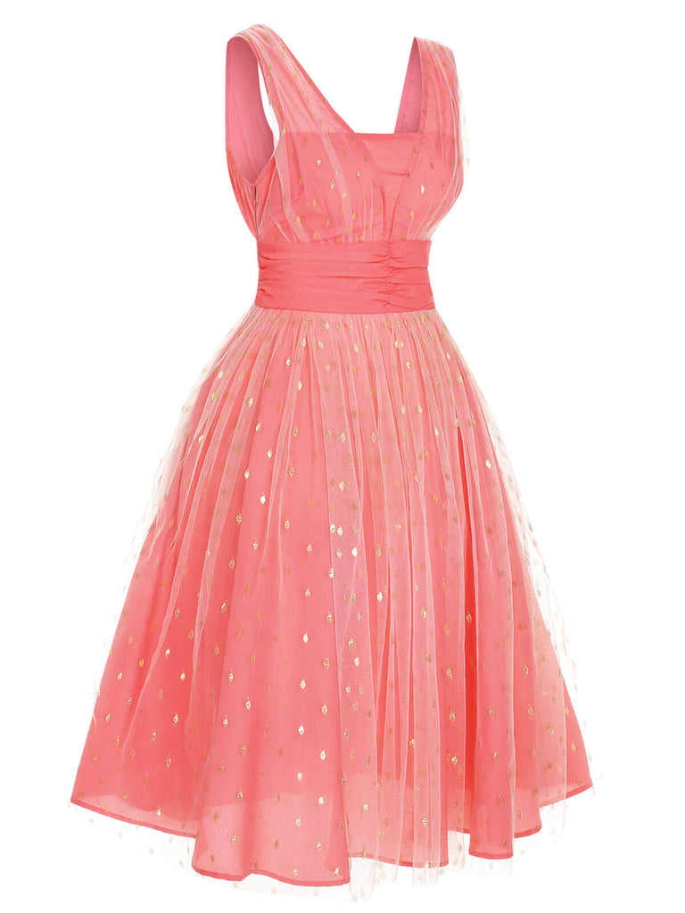 Robe pailletée à col en V rose corail des années 1950 3