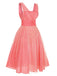 Robe pailletée à col en V rose corail des années 1950 3