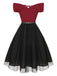 Robe rouge vin à épaules dénudées à pois des années 1950