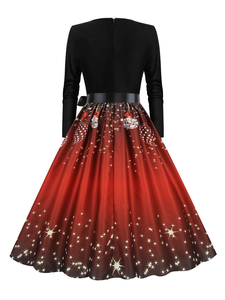 Robe trapèze patchwork col en V des années 1950 avec ruban