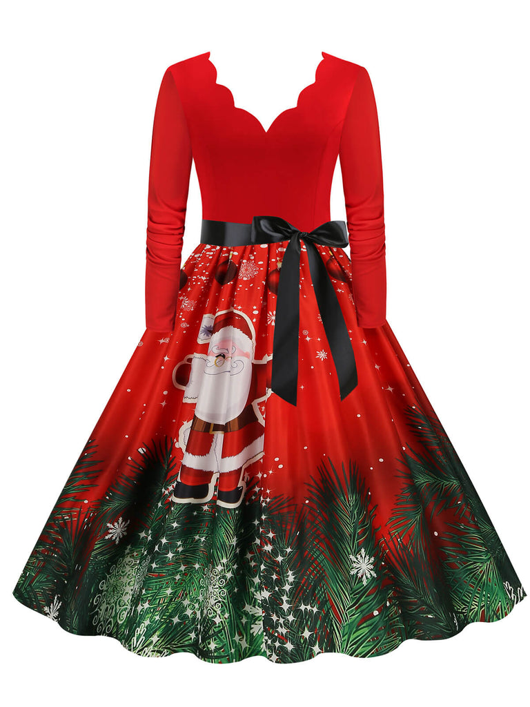 Robe trapèze patchwork col en V des années 1950 avec ruban