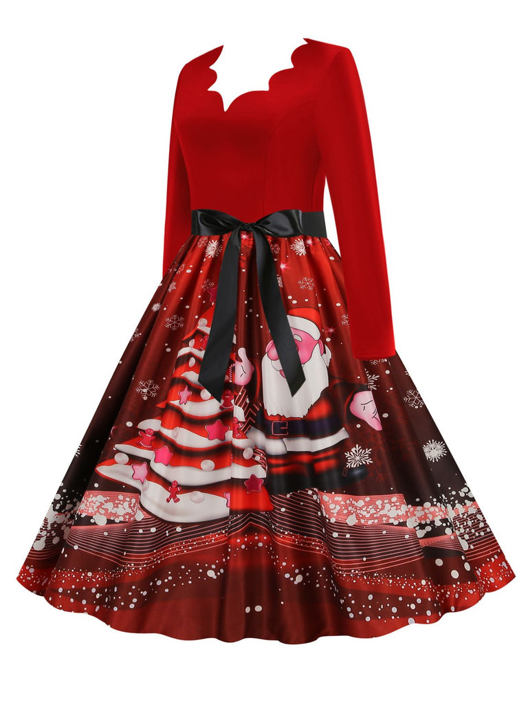 Robe trapèze patchwork col en V des années 1950 avec ruban