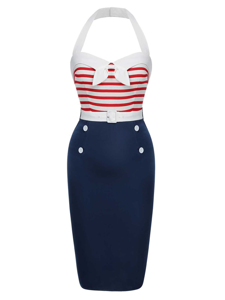 Robe dos nu à rayures et ceinture avec nœud des années 1960
