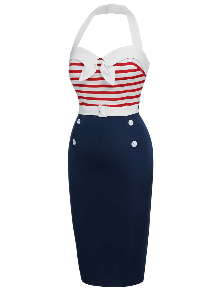 Robe dos nu à rayures et ceinture avec nœud des années 1960