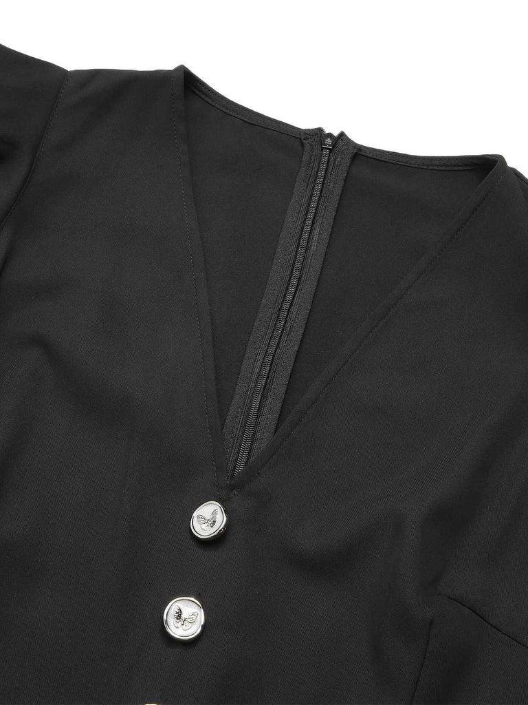Robe noire en maille à nœud et col en V des années 1950