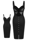 [Prévente] Robe noire à bretelles avec boutons en perles solides des années 1960