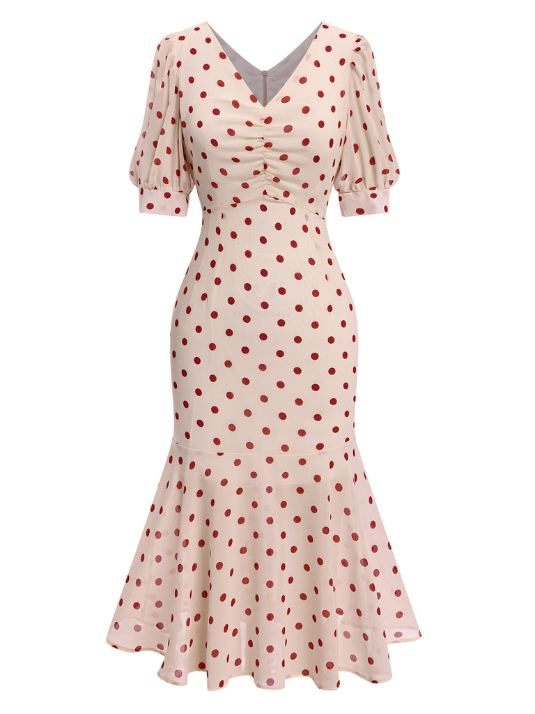Robe sirène noire en mousseline à pois des années 1930