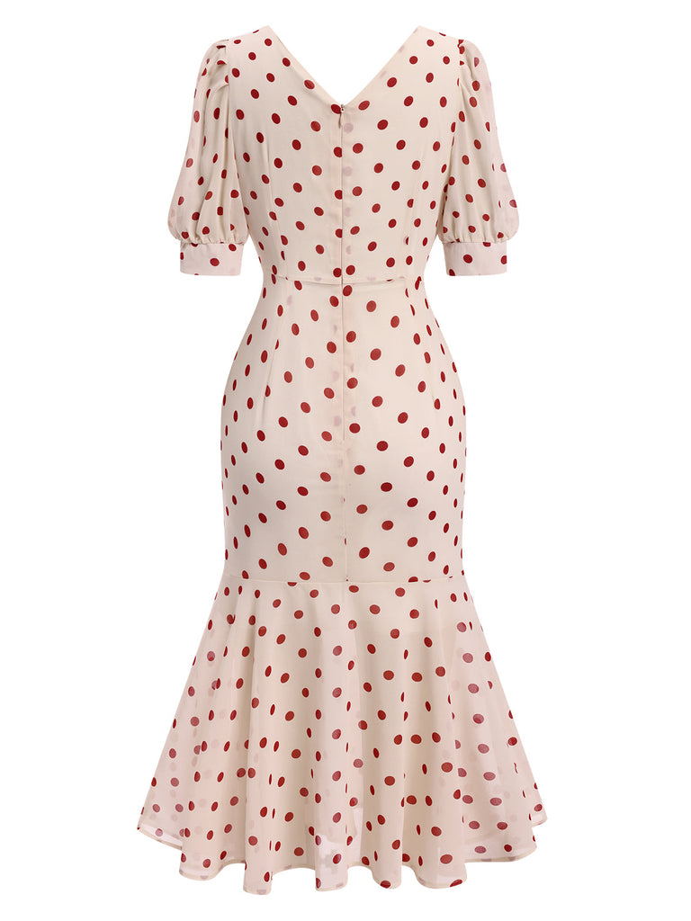 Robe sirène noire en mousseline à pois des années 1930