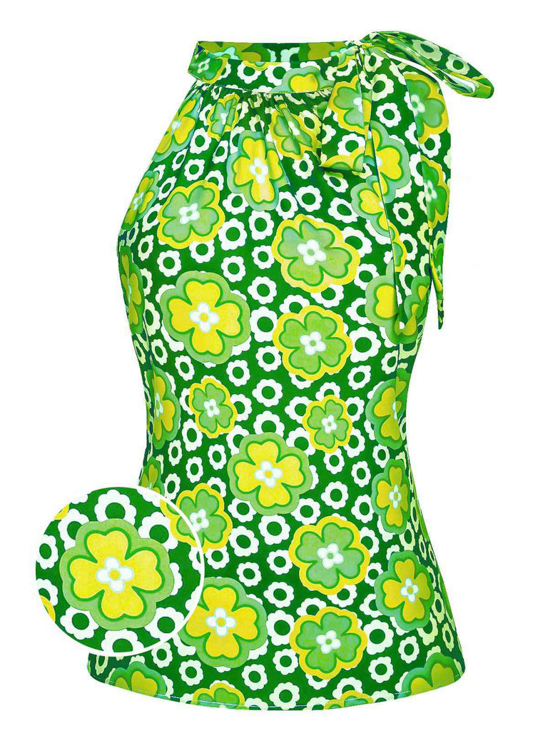Haut sans manches à col noué et motif floral des années 1960
