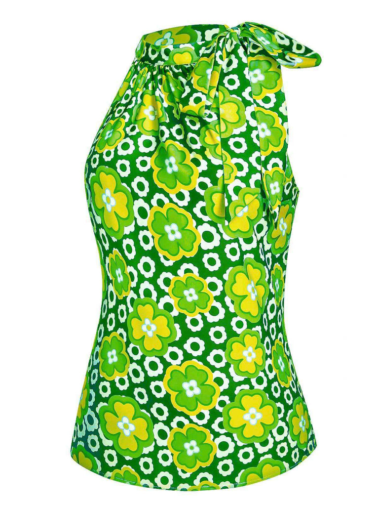 Haut sans manches à col noué et motif floral des années 1960