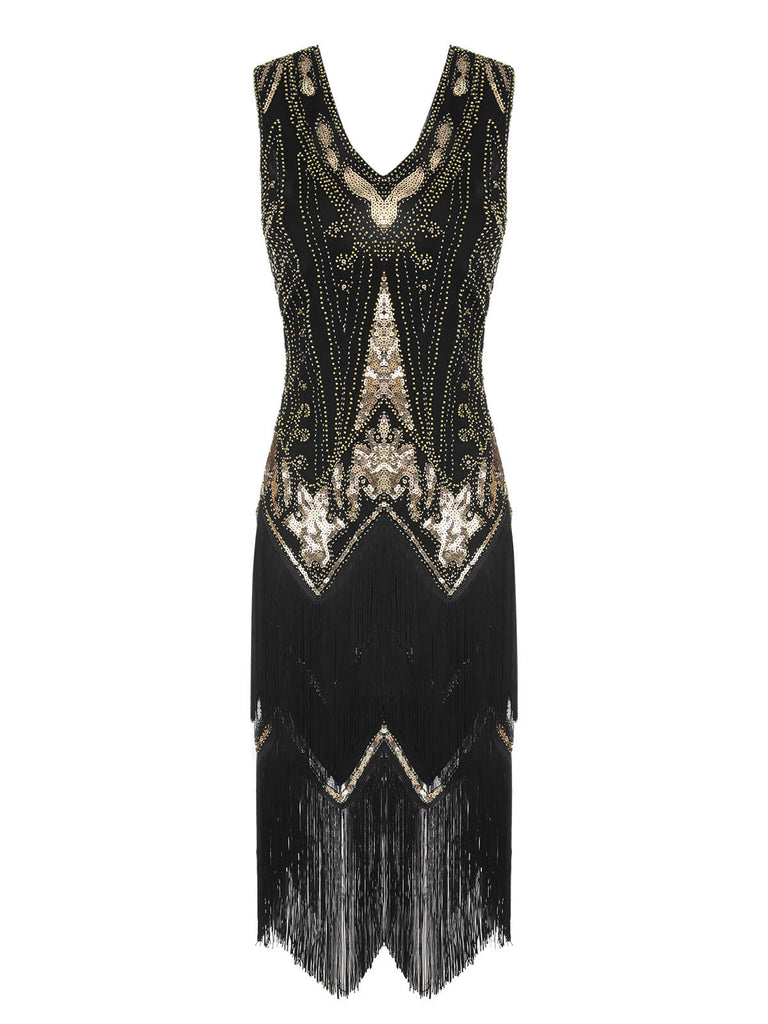Robe Gatsby à pompons et paillettes à col en V des années 1920