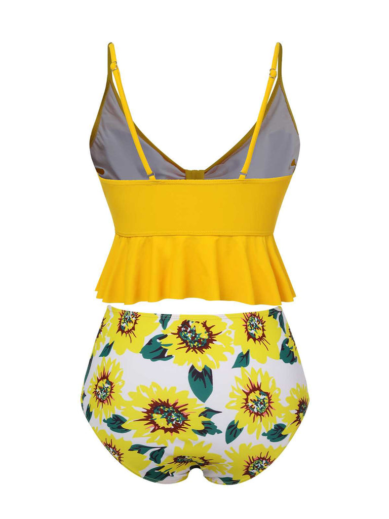 Maillot de bain à volants floraux à bretelles spaghetti des années 1960