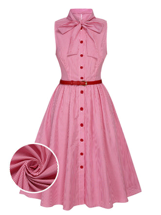 Robe rose à rayures fines et col noué des années 1950