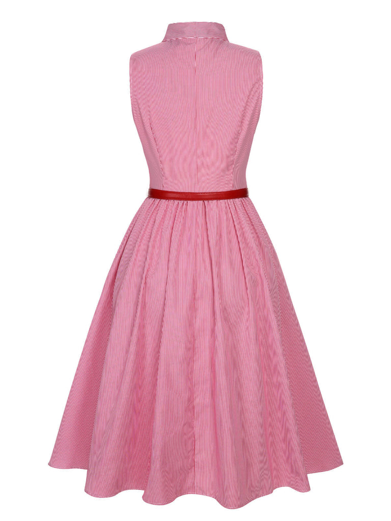 Robe rose à rayures fines et col noué des années 1950