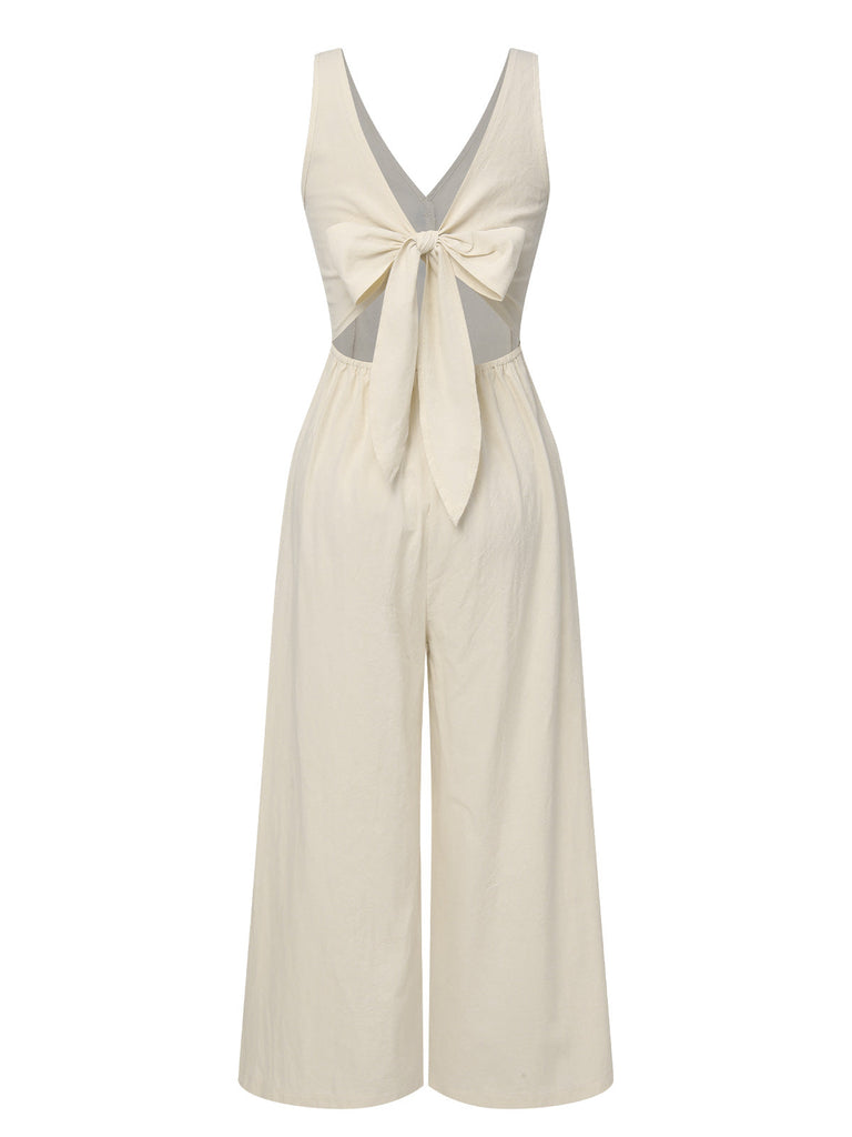 Combinaison boutonnée unie avec nœud beige années 1930