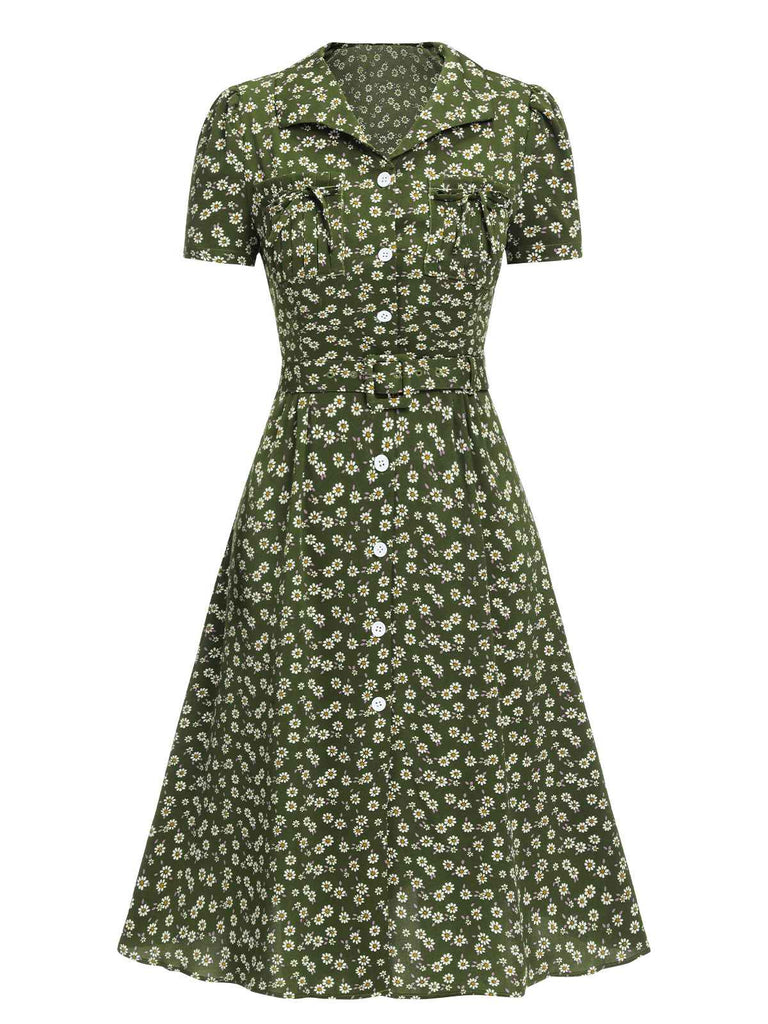 Robe marguerite à boutons revers rouge des années 1950