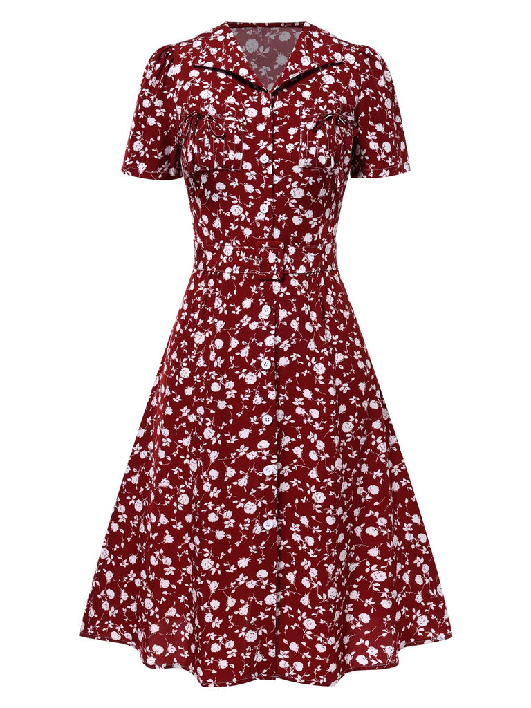 Robe marguerite à boutons revers rouge des années 1950