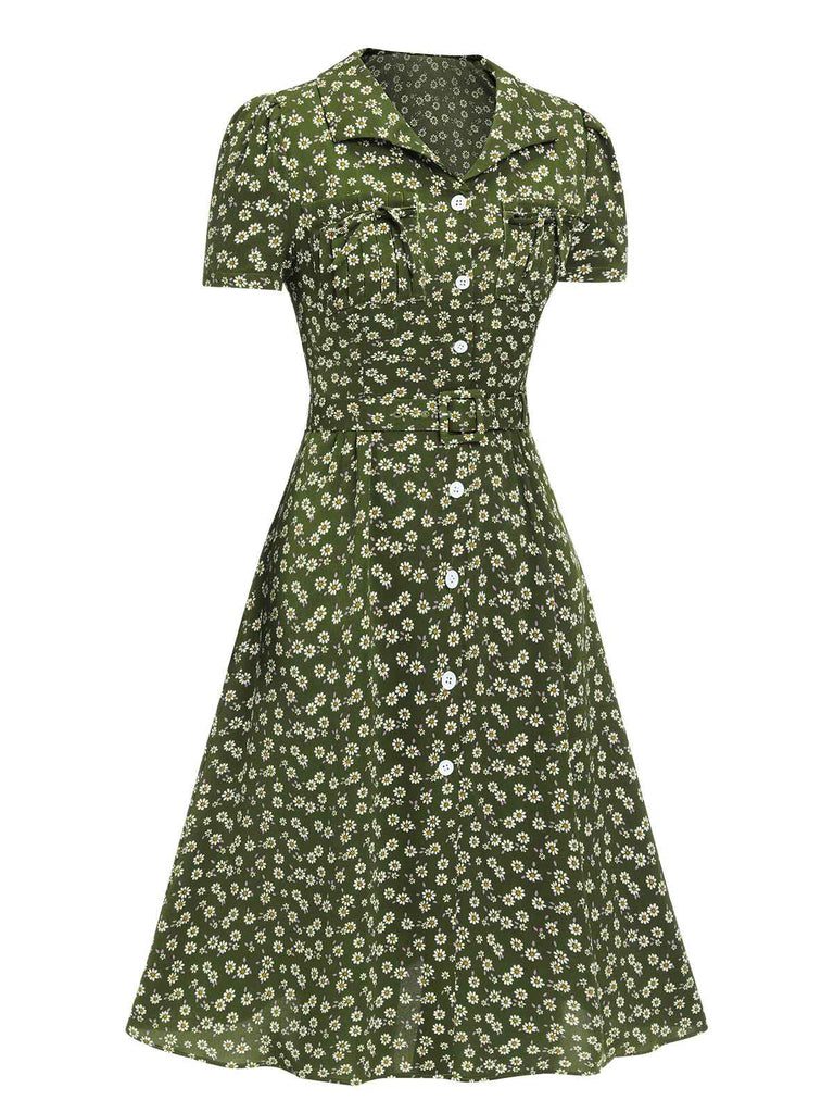 [Grande taille] Robe marguerite à boutons revers vert des années 1950
