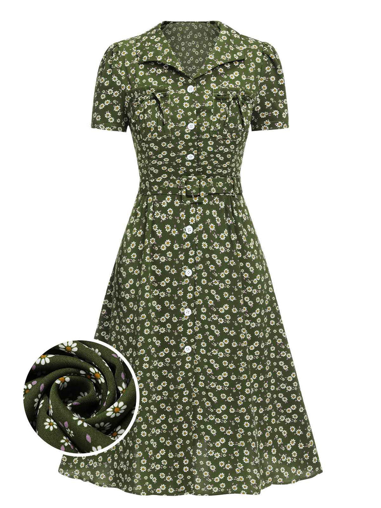 Robe marguerite à boutons revers rouge des années 1950