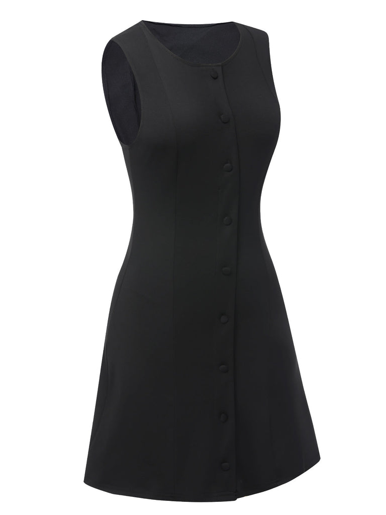 Robe moulante noire sans manches à boutons solides des années 1960