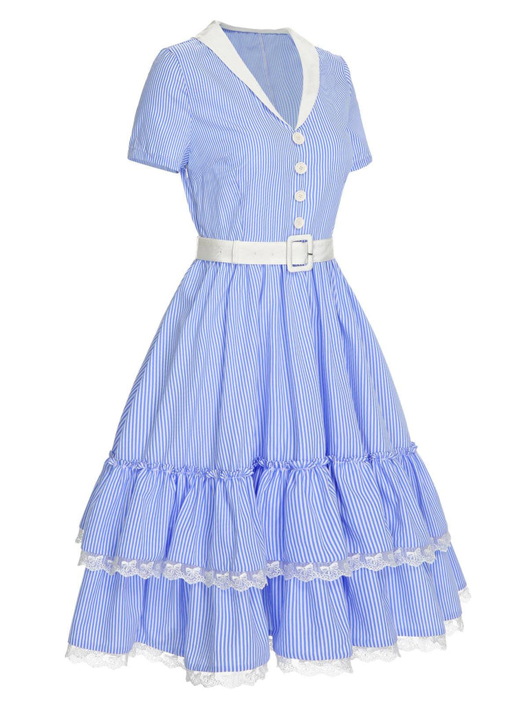 [Pré-vente] Robe en dentelle à revers à rayures bleues des années 1950
