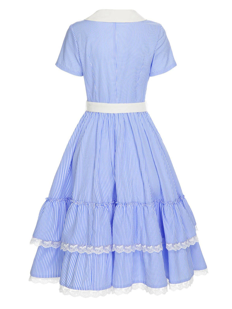 [Pré-vente] Robe en dentelle à revers à rayures bleues des années 1950