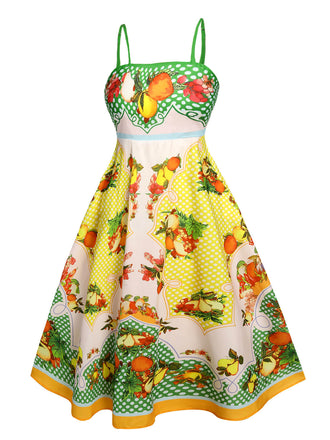 Robe mi-longue multicolore à imprimé citrons des années 40