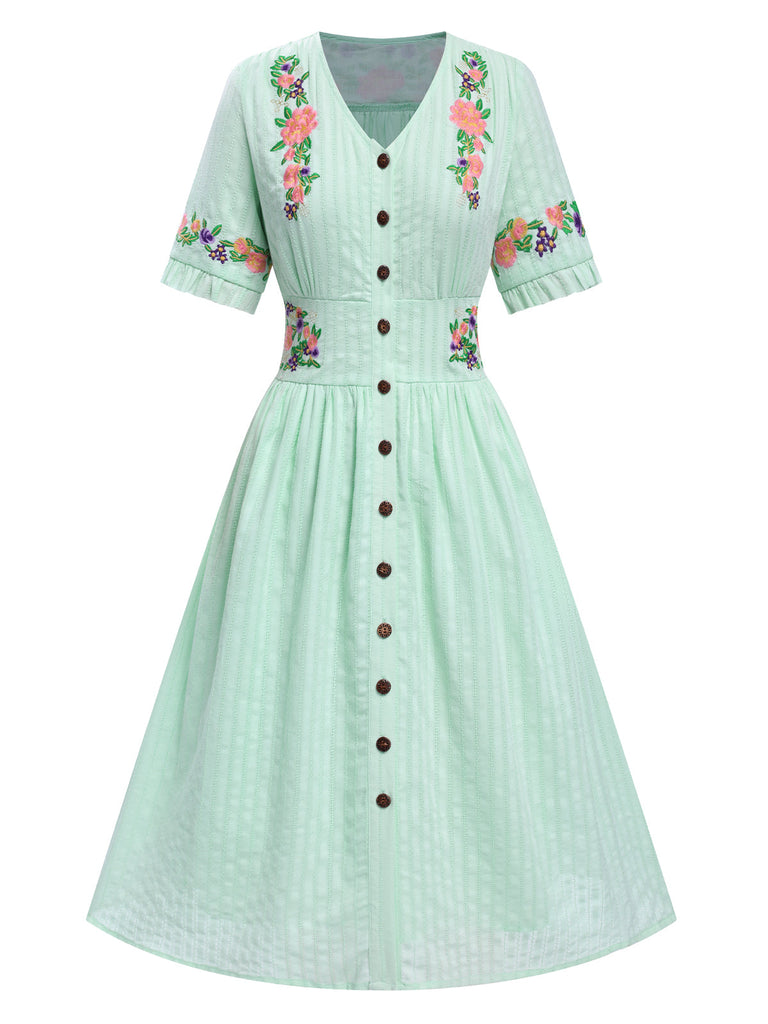 Robe fleurie brodée en coton noire à col en V des années 40