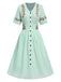Robe fleurie brodée en coton noire à col en V des années 40