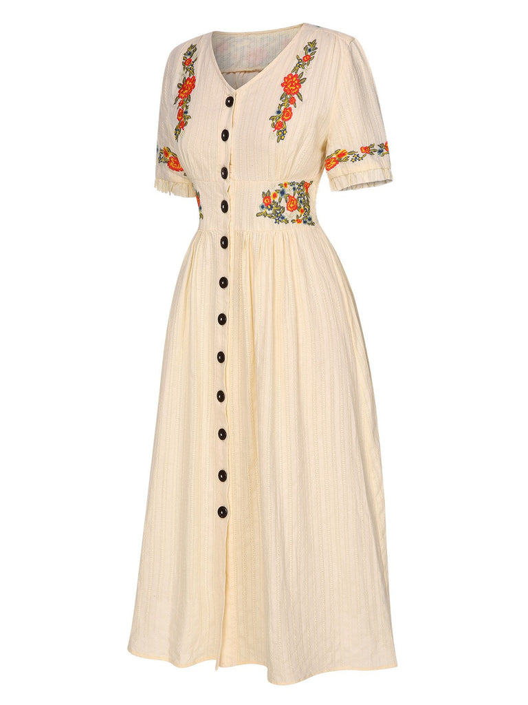 Robe fleurie brodée en coton noire à col en V des années 40