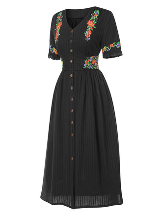 Robe fleurie brodée en coton noire à col en V des années 40