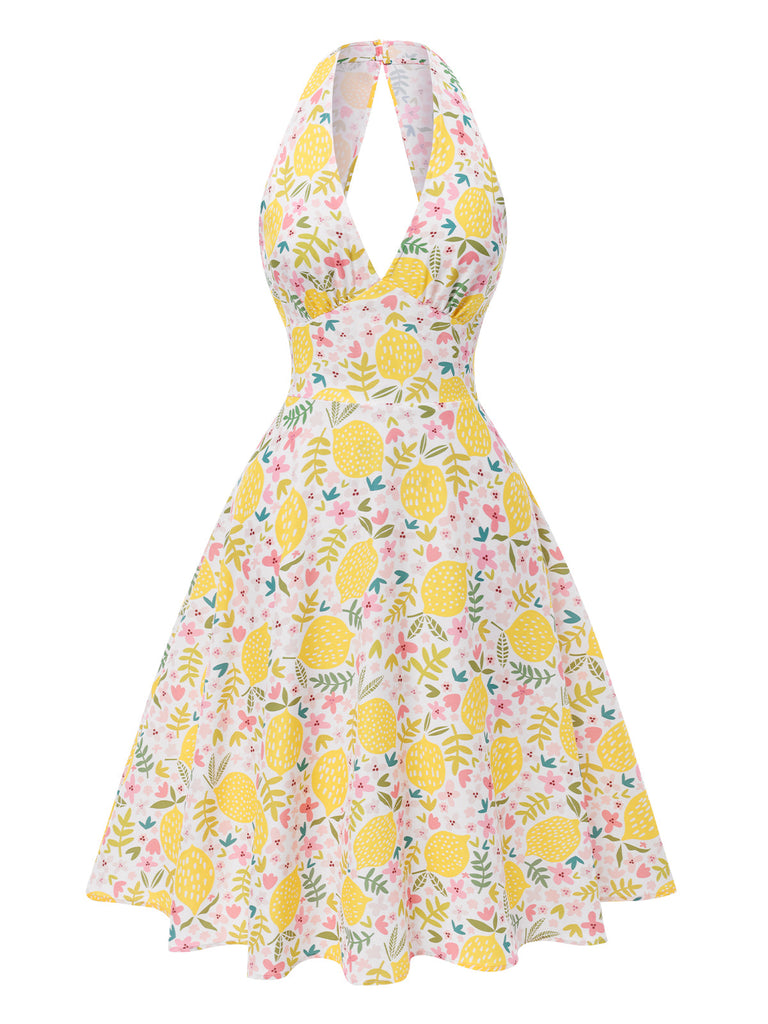 Robe rose à col en V et motif fleurs des années 1950