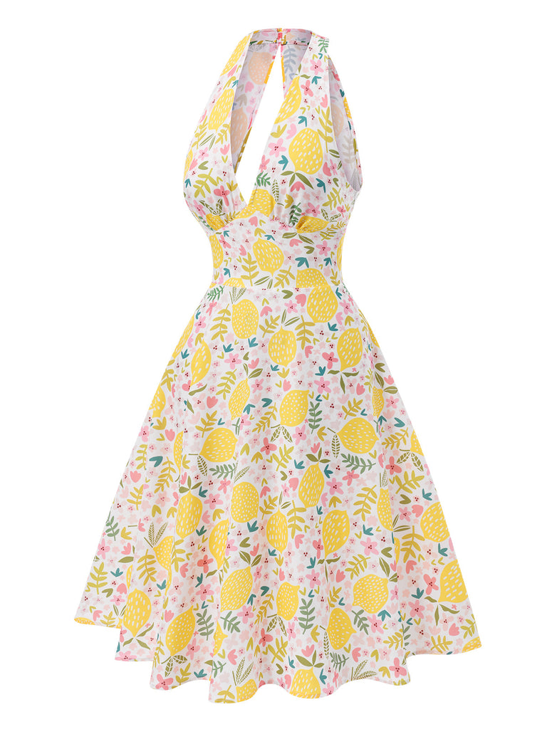 Robe rose à col en V et motif fleurs des années 1950