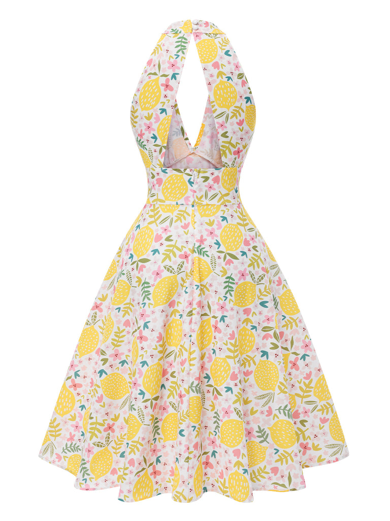 Robe rose à col en V et motif fleurs des années 1950