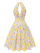 Robe rose à col en V et motif fleurs des années 1950
